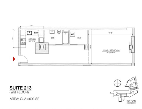 Floor plan for studio, 1 bath, 693 sqft